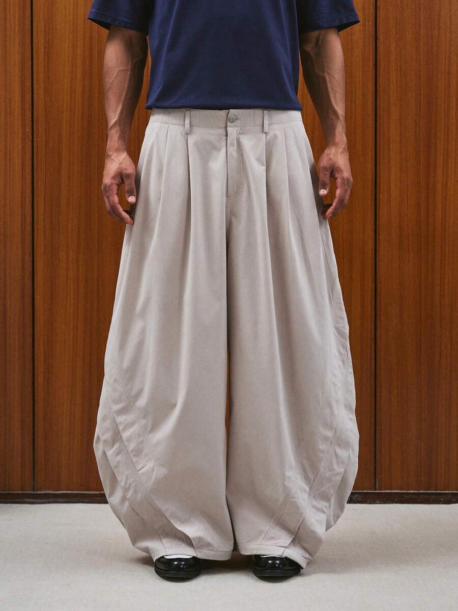 TOKVUE 男士时尚休闲浅杏色褶皱宽松阔腿裤，日系裤，日常穿着 - 杏色 - 查看 1