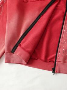 ROMWE MEN Street Life Sudadera holgada de estilo corto con bordado de diamantes brillantes lavada para hombres - Rojo - Ver 4