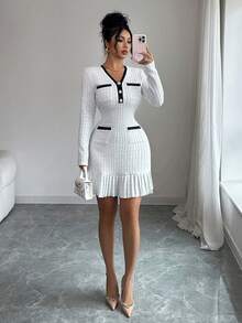 Elenzga New Women's Knitted Tweed Elastic Fabric V-Neck Color Block Fitted Casual Everyday Versatile Elegant Young Lady Short Dress, Autumn/Winter