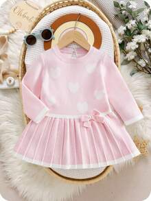 SHEIN Vestido de suéter con pliegues en el bajo y lazo, de estilo casual, elegante y lindo en color rosa, suave y cómodo, adecuado para uso diario, escenas y viajes para niña bebé - Rosa - Ver 4