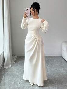 Elenzga Women's Elegant Romantic French Style Ruched Waist Long Sleeve Dress, Suitable For Commute, Vacation, Afternoon Tea - Apricot - View 6