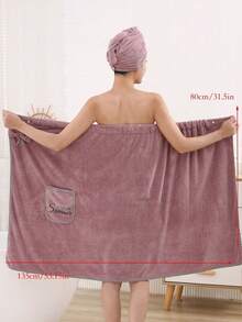 2pcs Women's Simple Applique Soft & Comfortable Bath Robe/Shower Cap Set, Practical & Multifunctional Bath Towel - Bean Paste Applique Skirt Suit - View 13