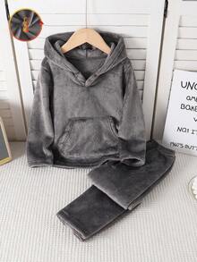 1 Set Young Boy Snug Fit Pajamas, Plush Thick Flame Retardant Flannel Hooded Grip Bag Simple Design Home Wear, Autumn/Winter - Grey - View 1