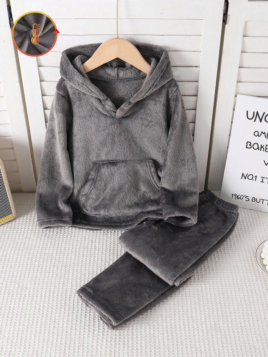 1 Set Young Boy Snug Fit Pajamas, Plush Thick Flame Retardant Flannel Hooded Grip Bag Simple Design Home Wear, Autumn/Winter - Grey - View 1