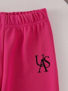 SHEIN 2pcs/Set Girls Solid Color Raglan Sleeve Sweatshirt And Knit Pants Set, Casual Round Neck Outfit - Hot Pink - View 5