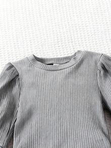 SHEIN 女童杏色蝴蝶结领T恤，棕色休闲百搭T恤，适合春、秋、冬三季穿着。 - 灰色 - 查看 4