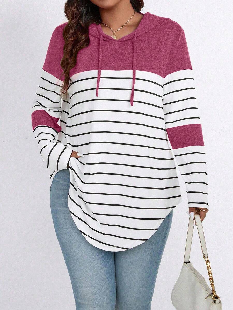 EMERY ROSE Áo thun tay dài có mũ trùm đầu kẻ sọc khối màu cỡ lớn có dây rút họa tiết dành cho nữ mùa xuân - Màu Hồng Tươi - Xem 1