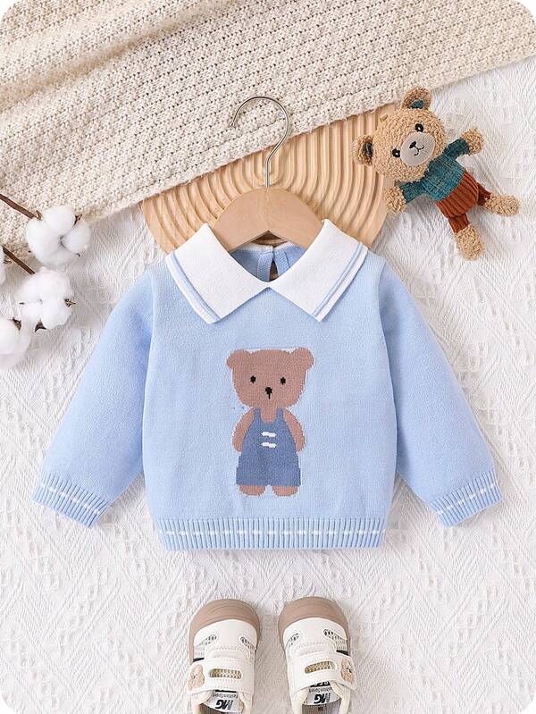 Baby Boys Casual Crew Neck Cardigan Sweater With Cute Bear Graphic, Soft & Comfortable, Suitable For Spring/Autumn Everyday, Outdoor, Travel, Vacation, Home, Daycare Wear Baby Knitwear Baby Boy Jumper Knitted Baby Boy Blue Outfit Longsleeve Sweater For Baby Boy