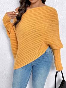 Elenzga Plus Size Asymmetrical Shoulder Long Sleeve Sweater - Yellow - View 3