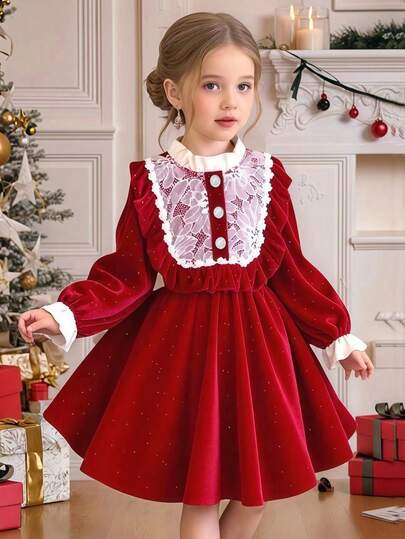 Girl's Autumn Velvet Lace Trim Front Dress, Red, Elegant, Soft & Comfortable Long Sleeve, Suitable For Parties, Birthdays, Christmas, Versatile For Various Occasions, Regular Thickness, Autumn/Winter  Princess Halloween/Christmas Party  Dresses Burgundy Velvet Dress For Girls