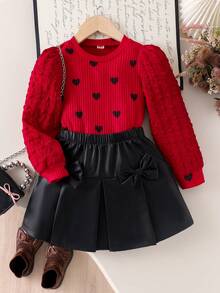 2pcs Young Girl Knit Puff Sleeve Splicing Red T-Shirt And Pleated Skirt Set, & Fashionable, Suitable For Spring/Autumn Holidays - Burgundy - View 1
