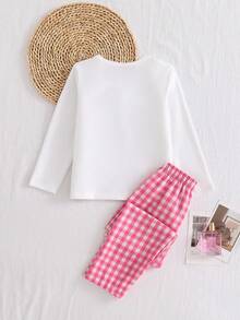 SHEIN 2pcs Girls Cartoon Puppy & Bow Print Knit Casual Long Sleeve Top And Pants Pajama Set - White - View 2