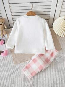 Conjunto de pijamas de pelúcia para bebês meninas, 2 peças, pijama longo de manga comprida com bordado de urso xadrez rosa - Rosa - Ver 2