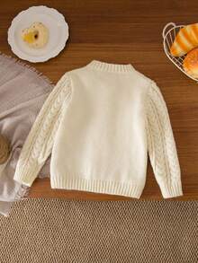 SHEIN Baby Girls Cute Cream White Twist Knit Cardigan,Soft Comfortable Simple Autumn Floral Pattern Sweater For Daily,Outdoor & Family Matching,Christmas - Apricot - View 3