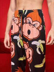 Notgurli Comfortable Milk Silk Hamburger Print Men's Lounge Pants Cartoon Monkey Loungewear Bottom, For Fall & Winter - Multicolor - View 4