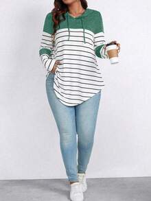 EMERY ROSE Plus Size Striped Color Block Hooded Long Sleeve T-Shirt With Drawstring Graphic Tees Women Tops For Spring - Mint Green - View 6
