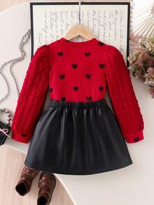 2pcs Young Girl Knit Puff Sleeve Splicing Red T-Shirt And Pleated Skirt Set, & Fashionable, Suitable For Spring/Autumn Holidays - Burgundy - View 2