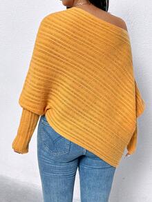 Elenzga Plus Size Asymmetrical Shoulder Long Sleeve Sweater - Yellow - View 2