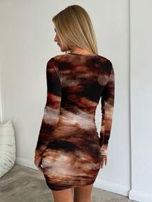 Aloruh 女式圆领长袖褶皱性感棕色扎染印花迷你紧身连衣裙，适合秋冬季，优雅，俱乐部，婚礼，约会，派对，庆典， - 彩色 - 查看 2