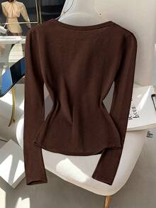 GlowEve 新款女士 V 领开衫背心，纯色，优雅百搭，简约时尚针织上衣 - 棕色 - 查看 2