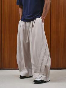 TOKVUE 男士时尚休闲浅杏色褶皱宽松阔腿裤，日系裤，日常穿着 - 杏色 - 查看 4
