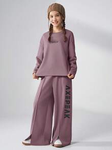 Bộ 2 áo nỉ dài tay cổ tròn dáng rộng và quần dài ống đứng cho bé gái, mùa thu - Bụi tím - Xem 4