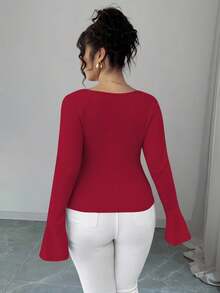 Elenzga Plus Size V-Neck Metal Button Flare Sleeve Fitted T-Shirt - Burgundy - View 2