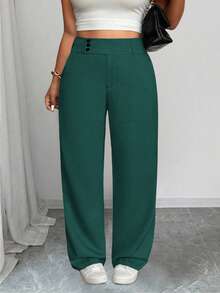 SHEIN Tall CURVE Plus Size Women Casual Straight Leg High Waist Pants - Green - View 7
