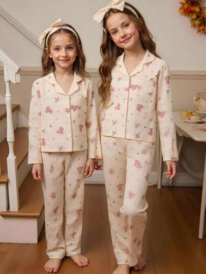 Pijama de colegiala, pantalón largo y blusa de manga larga con estampado de cerezas, conjunto informal de 2 piezas de ropa de dormir para niñas