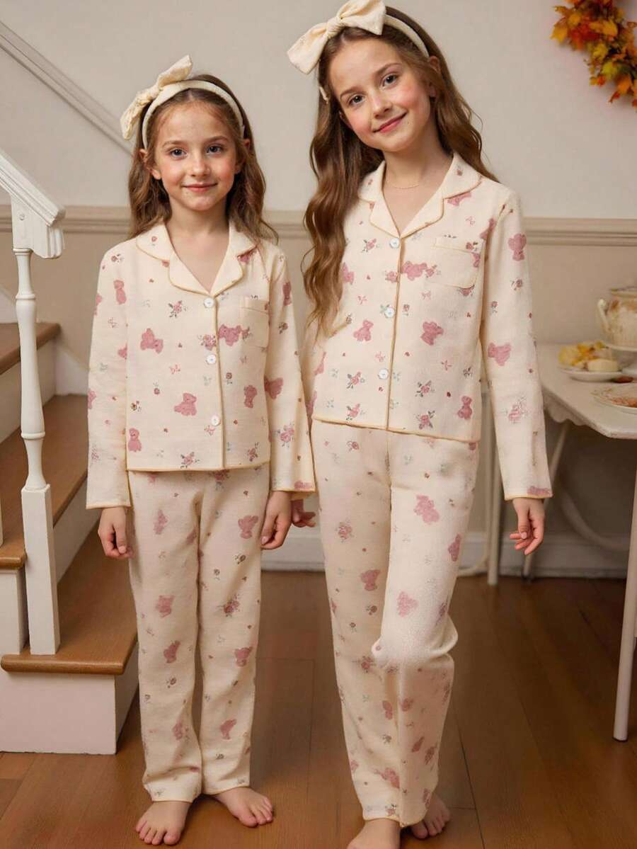 女学生睡衣，女孩可爱樱桃印花长裤和长袖休闲两件套睡衣套装 - 杏色 - 查看 1