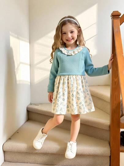 Mjuk och bekväm stickad tröjklänning för unga flickor, avslappnad krage med lapptäcke, lämplig för vardagsbruk, utflykter, resor, semester, hem, daghem och barnlek