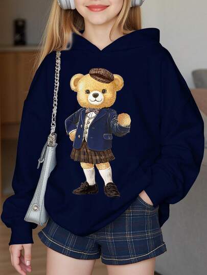 Áo sweatshirt dài tay dài màu xanh navy cổ điển dành cho bé gái tuổi teen, in hình gấu theo phong cách retro sinh viên, kiểu dáng tối giản, dày dặn, mềm mại, ấm áp, thoải mái, phù hợp cho mặc hàng ngày mùa thu/đông, phong cách đường phố, mùa ấm áp, thu đông, dễ chịu, nhiều lớp mùa thu đông, sành điệu, trang phục thường ngày, hình gấu sinh viên, mùa thu đông, mùa thu sang trọng, phong cách mới, lễ hội, thời trang mùa đông.