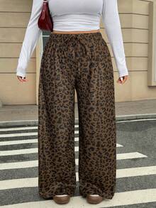 SHEIN EZwear Pantalones rectos de talla grande para mujer con estampado de leopardo, con lazo en la cintura, casuales y sueltos, para invierno - Marrón Chocolate - Ver 2