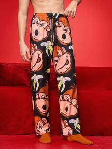 Notgurli Comfortable Milk Silk Hamburger Print Men's Lounge Pants Cartoon Monkey Loungewear Bottom, For Fall & Winter - Multicolor - View 6