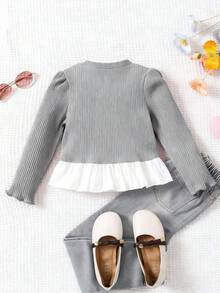 SHEIN 女童杏色蝴蝶结领T恤，棕色休闲百搭T恤，适合春、秋、冬三季穿着。 - 灰色 - 查看 2