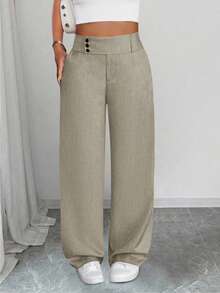 SHEIN Tall CURVE Celana Panjang Wanita Ukuran Besar Kasual dengan Pinggang Longgar dan Kaki Lurus - Hijau - View 3