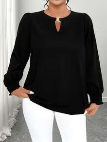 EMERY ROSE Plus Size Women's Solid Color Keyhole Neck Puff Sleeve Elegant Blouse - Black - View 6