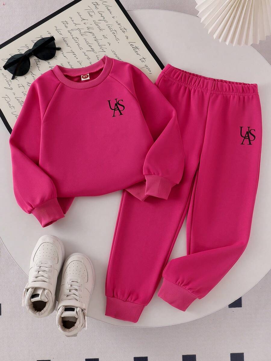 SHEIN 2pcs/Set Girls Solid Color Raglan Sleeve Sweatshirt And Knit Pants Set, Casual Round Neck Outfit - Hot Pink - View 1