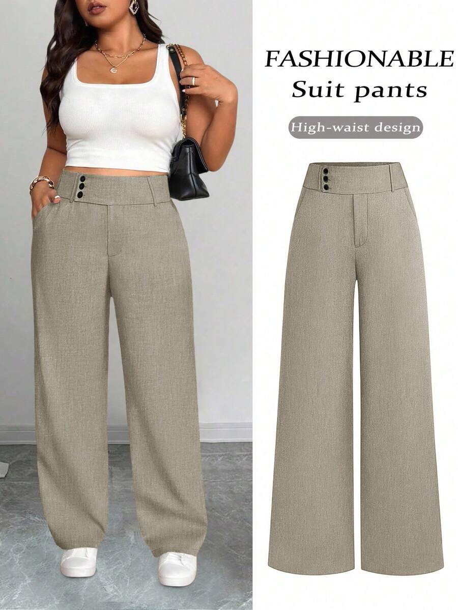 SHEIN Tall CURVE Celana Panjang Wanita Ukuran Besar Kasual dengan Pinggang Longgar dan Kaki Lurus - Hijau - View 1