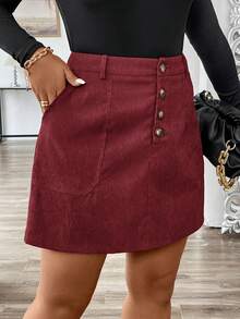 SHEIN LUNE Plus Size Solid Color Corduroy Casual Versatile Skirt With Belt Loop And Button Decor - Red Violet - View 7