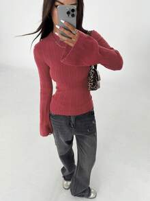 SHEIN Unity 女士纯色喇叭袖毛衣，修身休闲套头衫，适合日常穿着，秋冬季针织衫