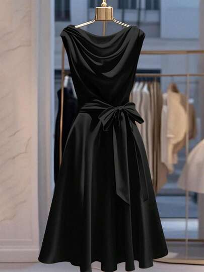 Regalyn Plus Size Women Elegant Sleeveless Dress With Bow Tie Waist