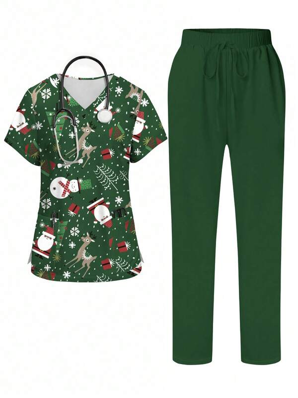 PopScrub Conjunto de uniforme de enfermería con bolsillo, de manga corta y cuello en V, con estampado de dibujos animados de Papá Noel, renos y muñeco de nieve para mujeres