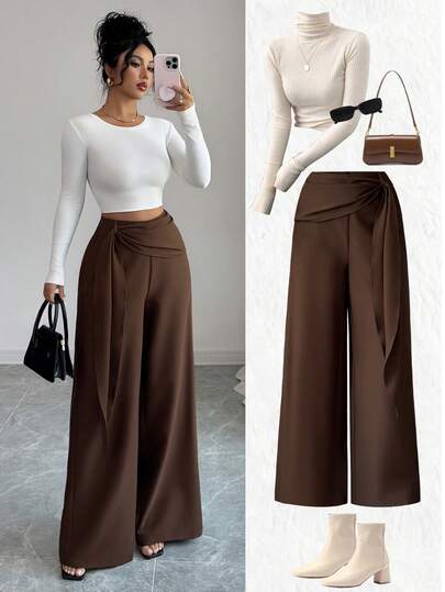 Elenzga Nuevos pantalones casuales y elegantes de corte holgado con diseño de campana, cremallera lateral y tejido de twill para mujer, para primavera/otoño