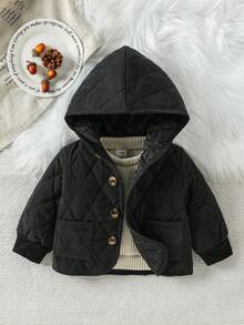 Baby Boy Casual Minimalist Large Pocket Padded Mid-Length Hooded Windbreaker Jacket, Simple Design With Large Pockets, Keeping Baby Warm And Cozy In Winter, Suitable For Infants And Toddlers 3 Months To 3 Years Old, Baby Clothing Brand Baby Boy Coats Baby Boy Jackets Baby Quilted Jacket Baby Quilted Coat Baby Boy Korean Style Jackets - Black - View 7