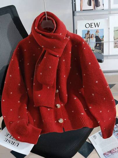 SHEIN Franclia 2025 New Red Cardigan Sweater For Women, Cozy Korean Style Knitted Jacket With Scarf, Suitable For Christmas & New Year, Autumn/Winter