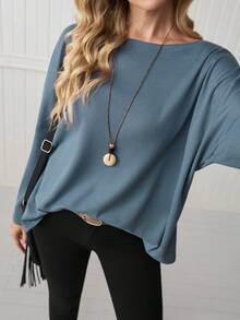 LanaWest Women's Loose Waffle Knit Off-Shoulder Batwing Sleeve T-Shirt, Green, Autumn - Blue - View 7