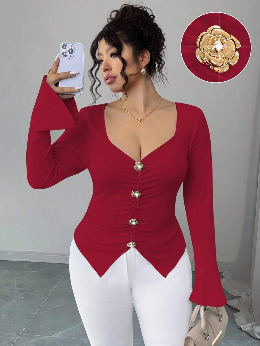 Elenzga Plus Size V-Neck Metal Button Flare Sleeve Fitted T-Shirt - Burgundy - View 1
