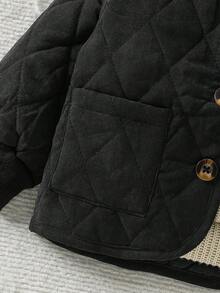 Baby Boy Casual Minimalist Large Pocket Padded Mid-Length Hooded Windbreaker Jacket, Simple Design With Large Pockets, Keeping Baby Warm And Cozy In Winter, Suitable For Infants And Toddlers 3 Months To 3 Years Old, Baby Clothing Brand Baby Boy Coats Baby Boy Jackets Baby Quilted Jacket Baby Quilted Coat Baby Boy Korean Style Jackets - Black - View 6