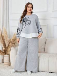 Modelyn Plus Size Women Embroidered Floral Loose Casual Comfortable High-End Minimalist Wide Leg Pants Set - Grey - View 4